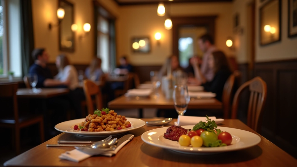 Restaurant français accueillant avec plats présentés sur les tables, ambiance chaleureuse