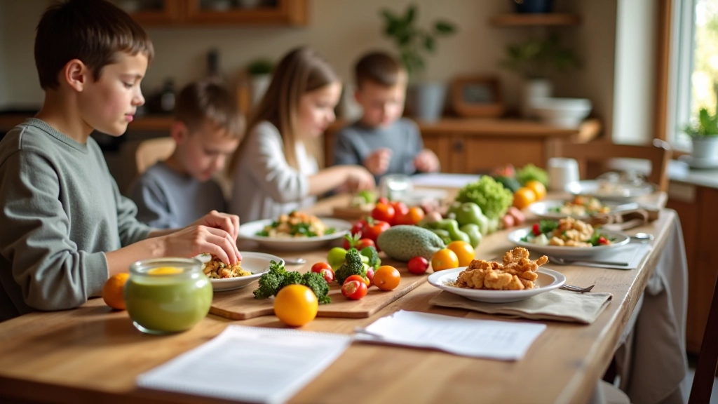 Famille en préparation de repas avec ingrédients frais et carnet de planification