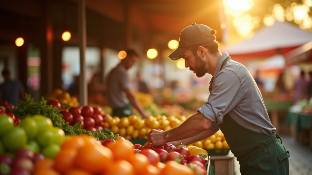 Marché fermier en début de matinée avec étals remplis de fruits et légumes frais, producteurs locaux arrangeant leurs récoltes