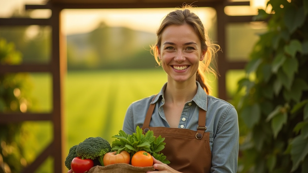 Fermière à sa ferme holding fresh produce, natural outdoor setting with crops in background, golden hour light, genuine portrait