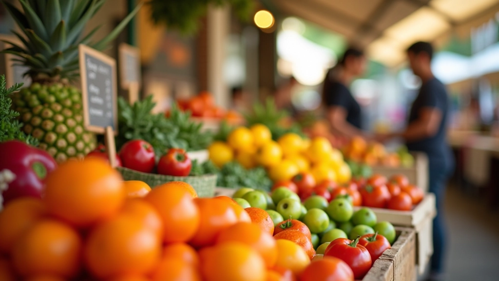 Étalage de fruits et légumes colorés au marché fermier français avec producteurs locaux