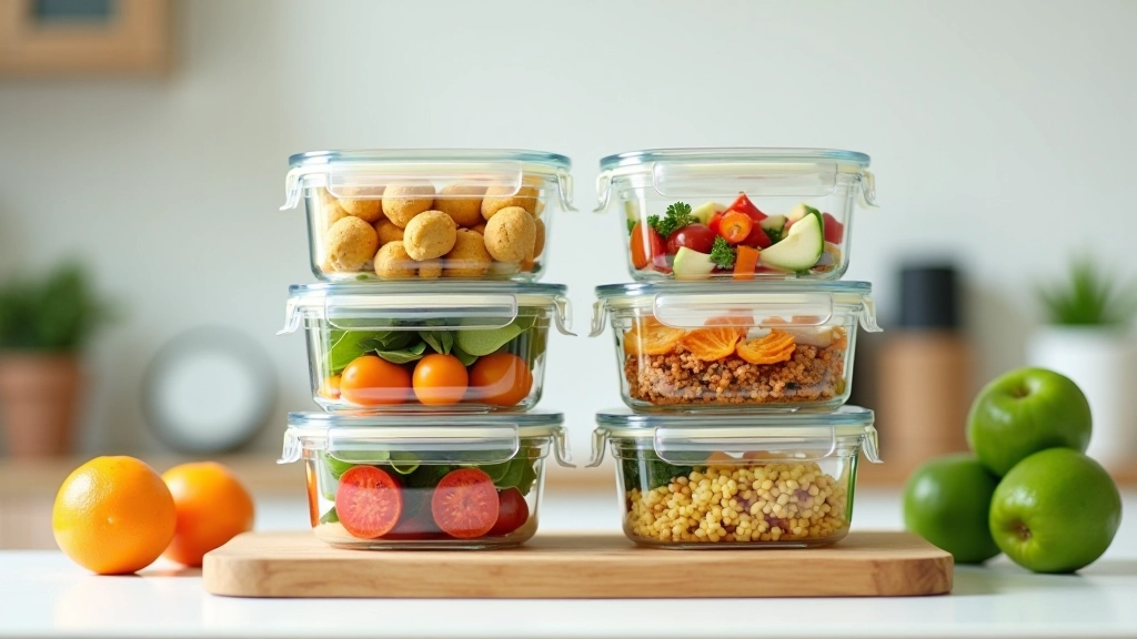 Contenants en verre avec repas préparés à l'avance, batch cooking pour la semaine, organisation cuisine