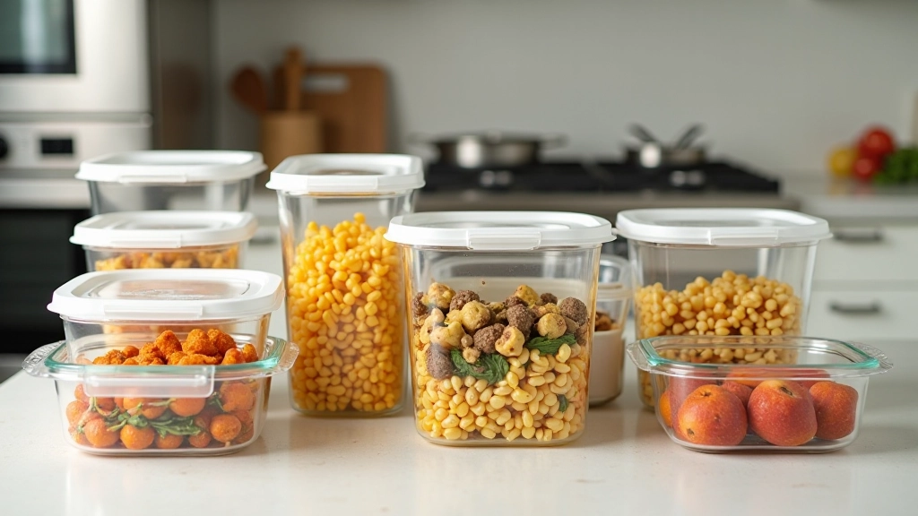 Contenants de batch cooking avec repas préparés pour la semaine dans une cuisine moderne