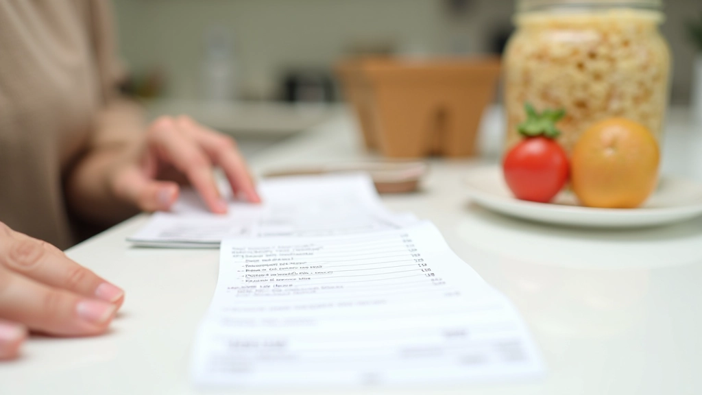 Reçu de marché et liste d'achats manuscrite avec un crayon, sur un comptoir de cuisine blanc