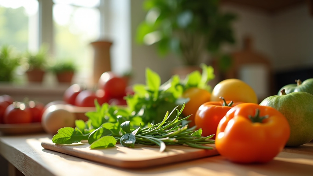 Table de cuisine avec ingrédients frais préparés pour la semaine, planche à découper, herbes aromatiques