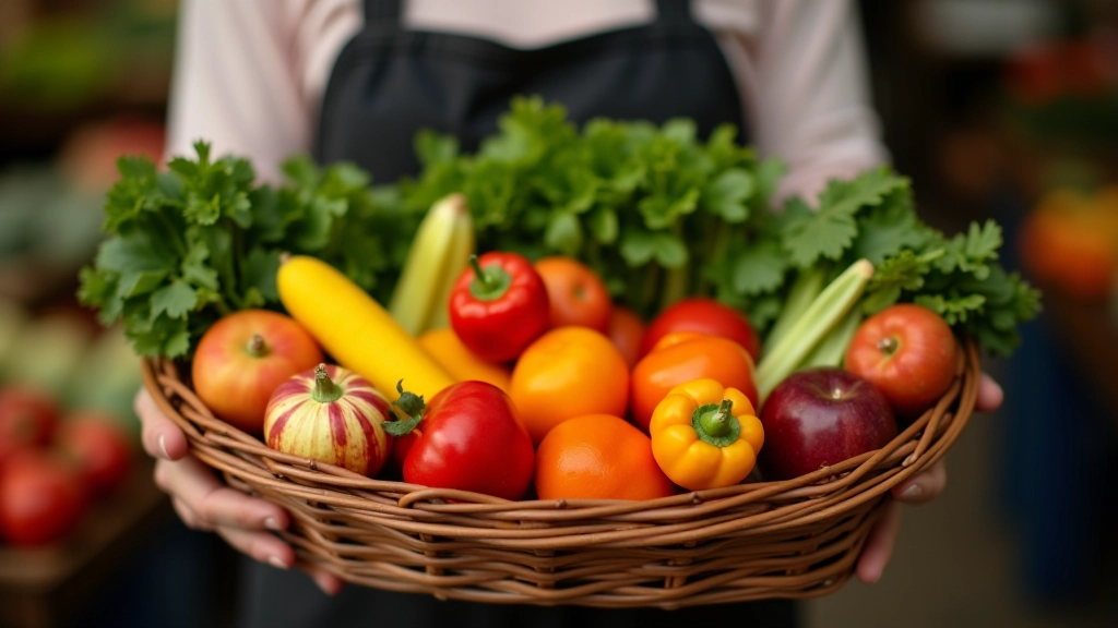 Panier rempli de légumes frais du marché, fruits colorés, produits locaux de saison