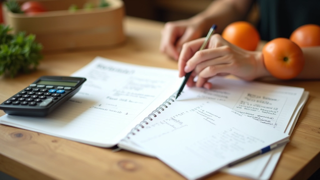 Cahier de recettes ouvert avec des annotations manuscrites, une calculatrice et une liste de courses à côté