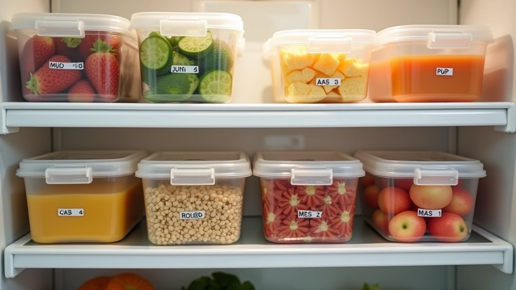 Trois bacs de rangement en plastique avec des étiquettes de date, organisés sur une étagère de réfrigérateur