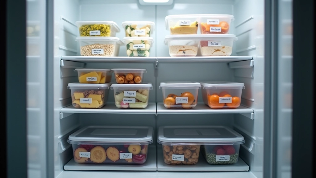 Congélateur ouvert montrant plusieurs bacs hermétiques bien étiquetés avec des dates, organisés par rangée