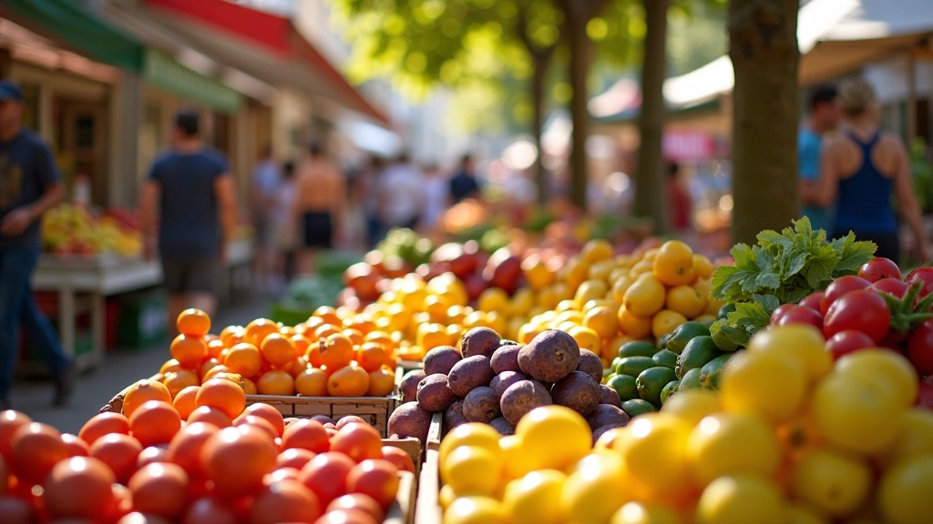 Marché fermier avec étals de légumes frais colorés, client faisant ses courses avec panier