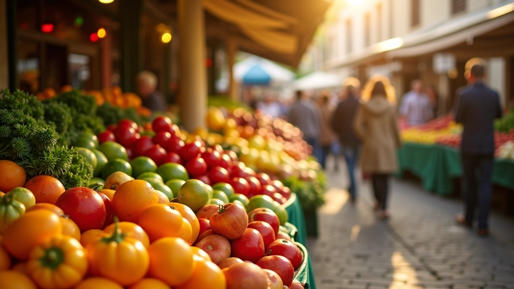Marché fermier français avec étals de fruits et légumes frais et colorés