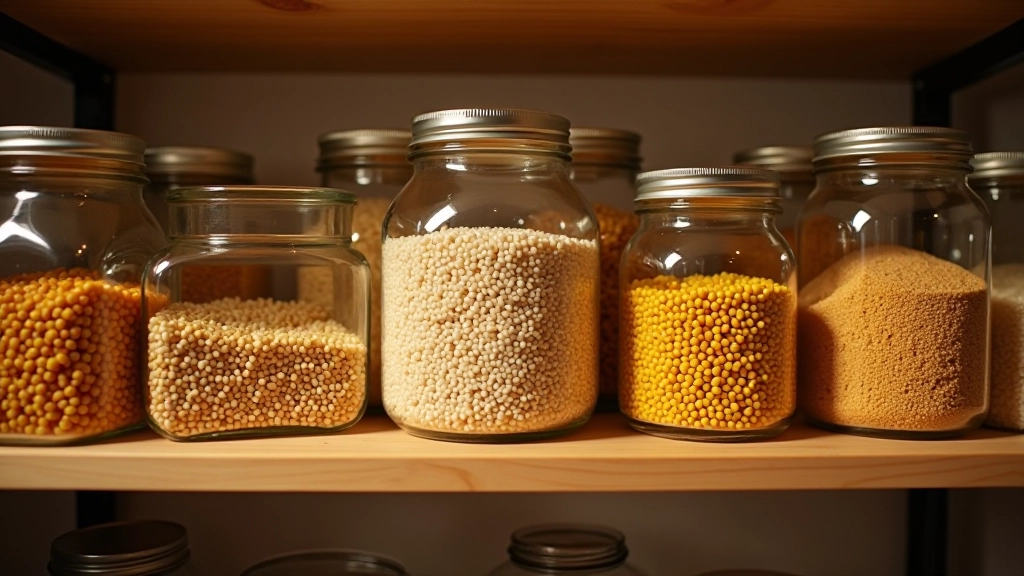Rangement de placard avec riz, pâtes, lentilles et autres aliments économiques en bocaux