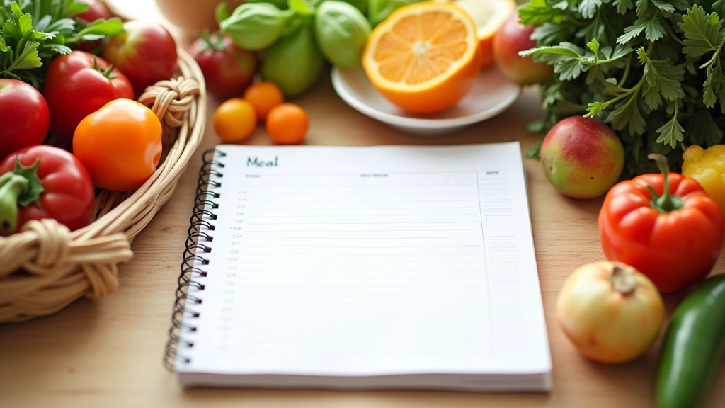 Planificateur de menu hebdomadaire avec légumes frais sur une table de cuisine