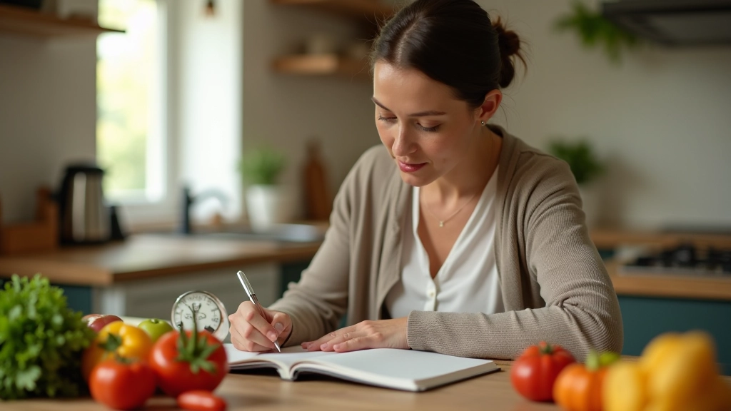 Femme notant ses repas dans un carnet de planification budgétaire
