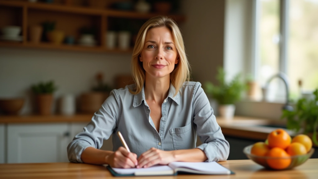 Femme calculant le budget des repas avec un carnet et une calculatrice à la cuisine