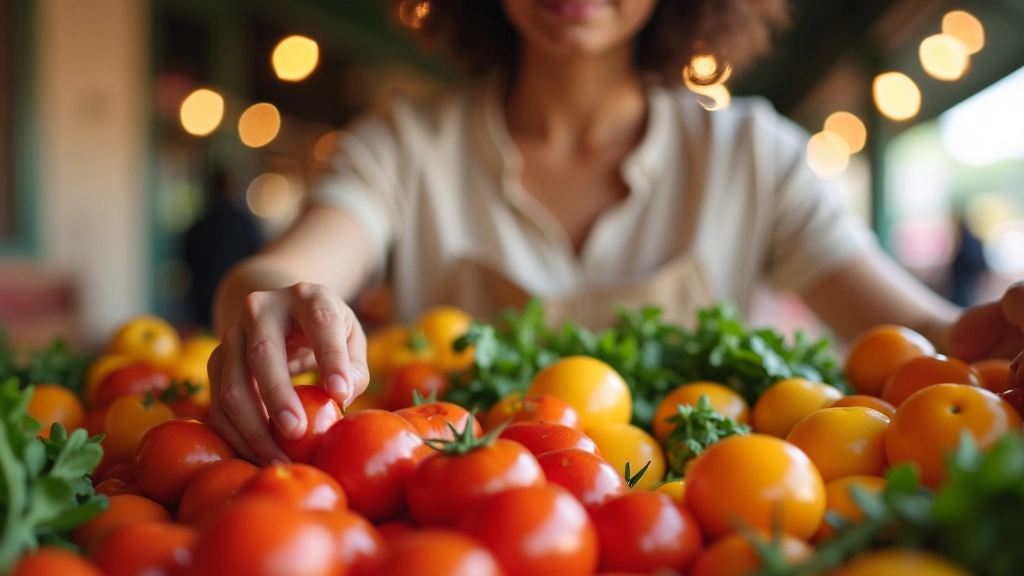 Femme sélectionnant et comparant différentes tomates au marché, examinant la qualité et la fraîcheur des produits locaux