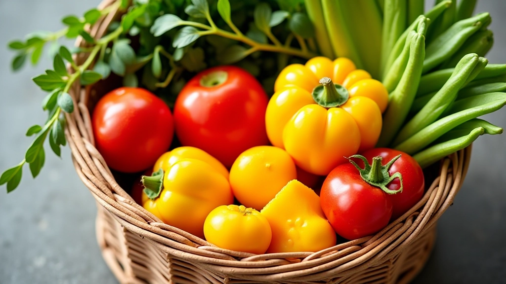 Panier rempli de légumes saisonniers frais du marché, fruits colorés et légumes verts, vue aérienne avec fond de marché